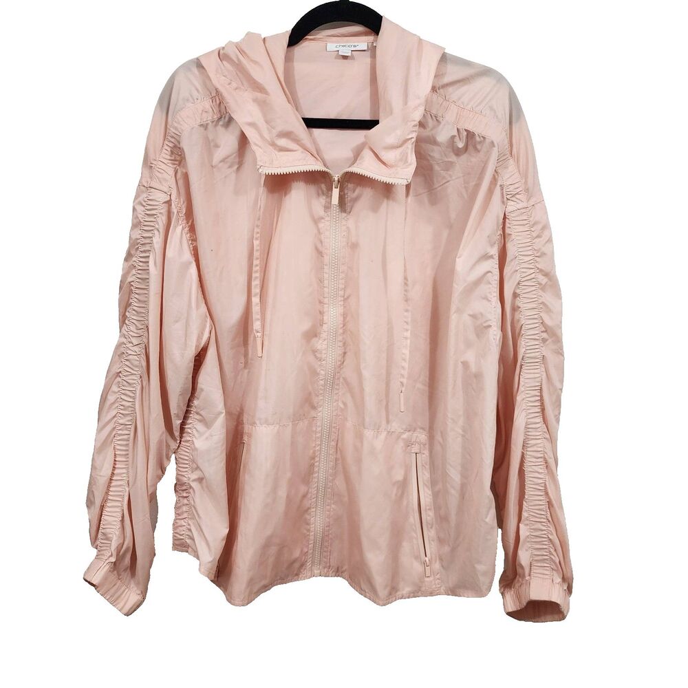 Chico's Shirred Sleeve Jacket Pink Lightweight Hooded Full-zip Long-sleeve Sz XL